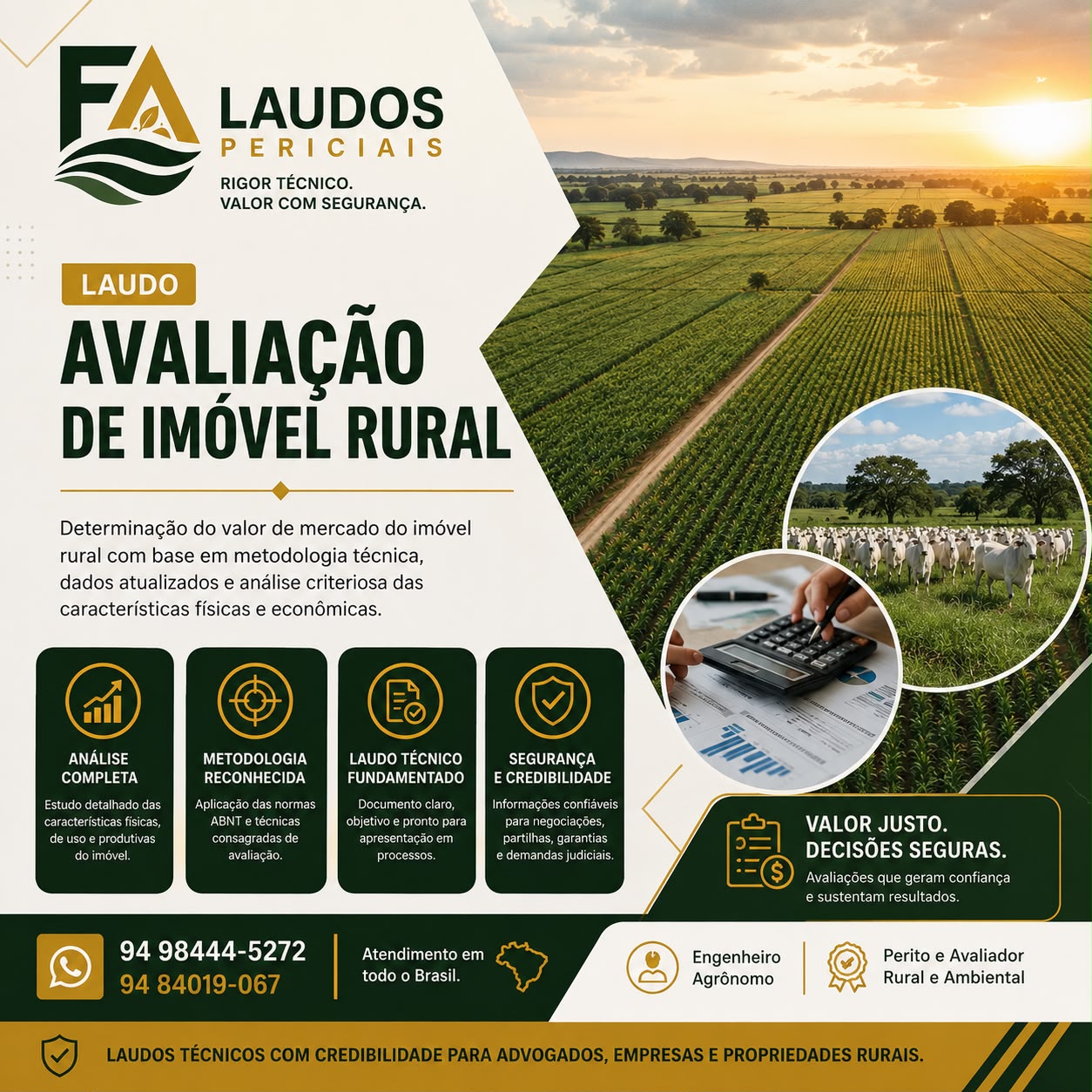 Paisagem de uma propriedade rural com áreas de pastagem e cultivo